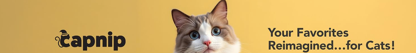 Capnip banner with cat mascot and slogan