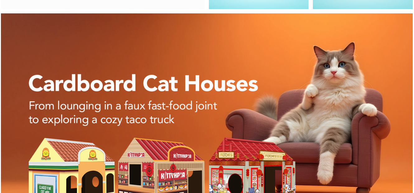 Cardboard cat houses lineup and lounging cat