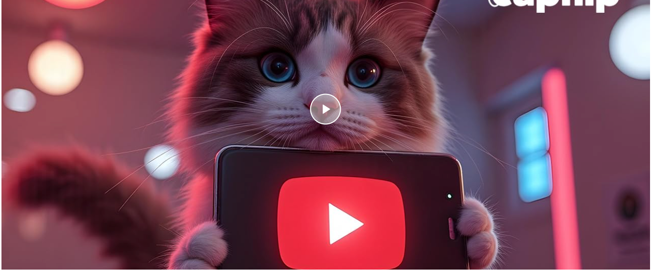Cat with a play button and Capnip logo