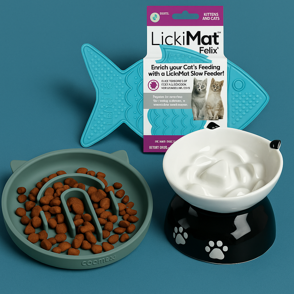 Cat food and water bowls with fish-shaped mat and cat food packaging on blue background