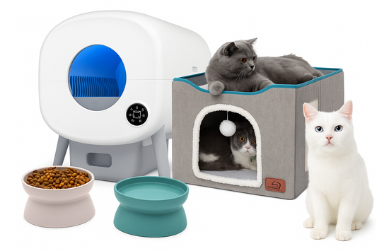 Various cat gadgets and bowls with white cat sitting beside them