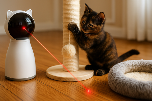 A tortoiseshell kitten plays with a pom-pom on a scratching post next to a laser toy and plush bed, in a warmly lit room with wood flooring