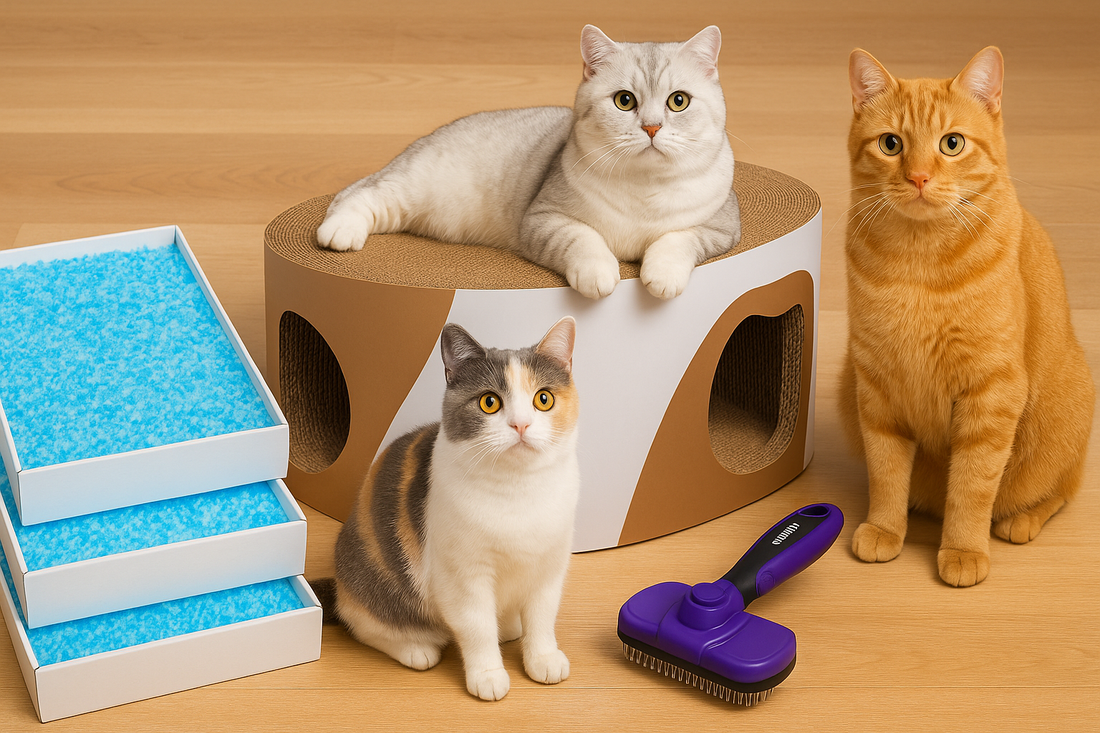 Three cats sit and lounge around a modern cat scratcher, surrounded by blue crystal litter trays and a purple grooming brush on a wooden floor