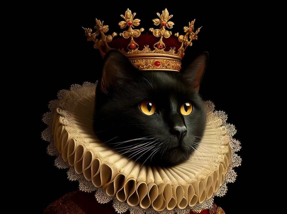 Black cat wearing royal crown and ruffled collar on dark background