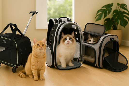Three stylish cat carriers displayed in a bright room, with a photo-realistic ginger cat sitting beside them, and two other cats visible inside the bubble and expandable carriers