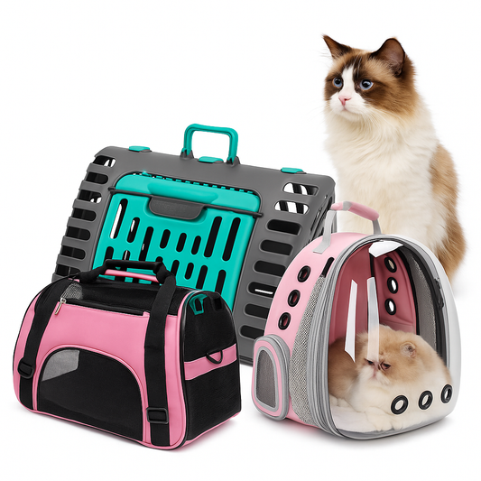 Cats sitting in and beside colorful soft pet carriers