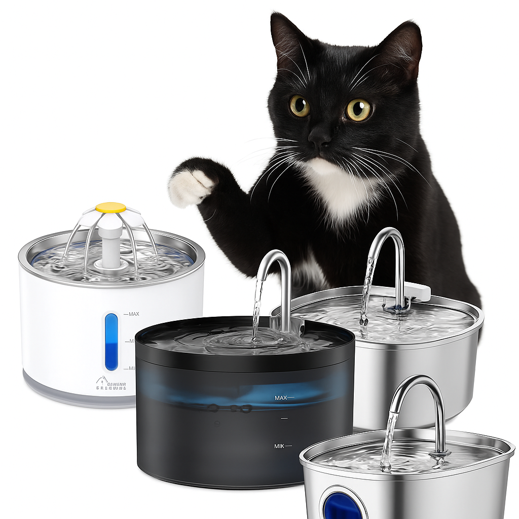 Black cat with different styles of stainless steel pet water fountains.