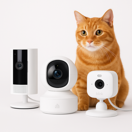 Orange cat sitting next to various smart pet cameras and monitors