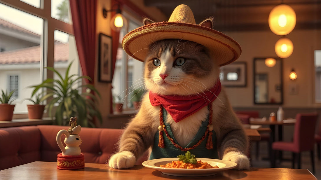 Image of a cat named Mochi, wearing a Mexican costume dining inside a restaurant