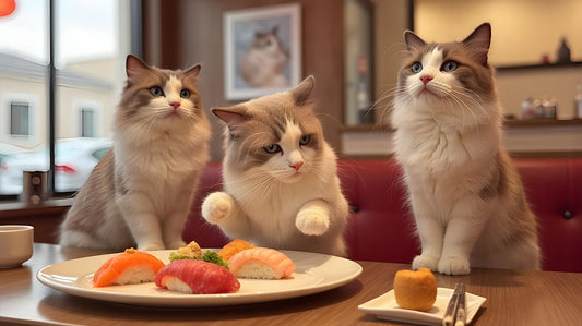 Image of 3 cats working on a sushi dish inside the restaurant