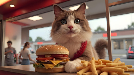 Image of a cat named Mochi who is serving at a fast food chain in front of a burger