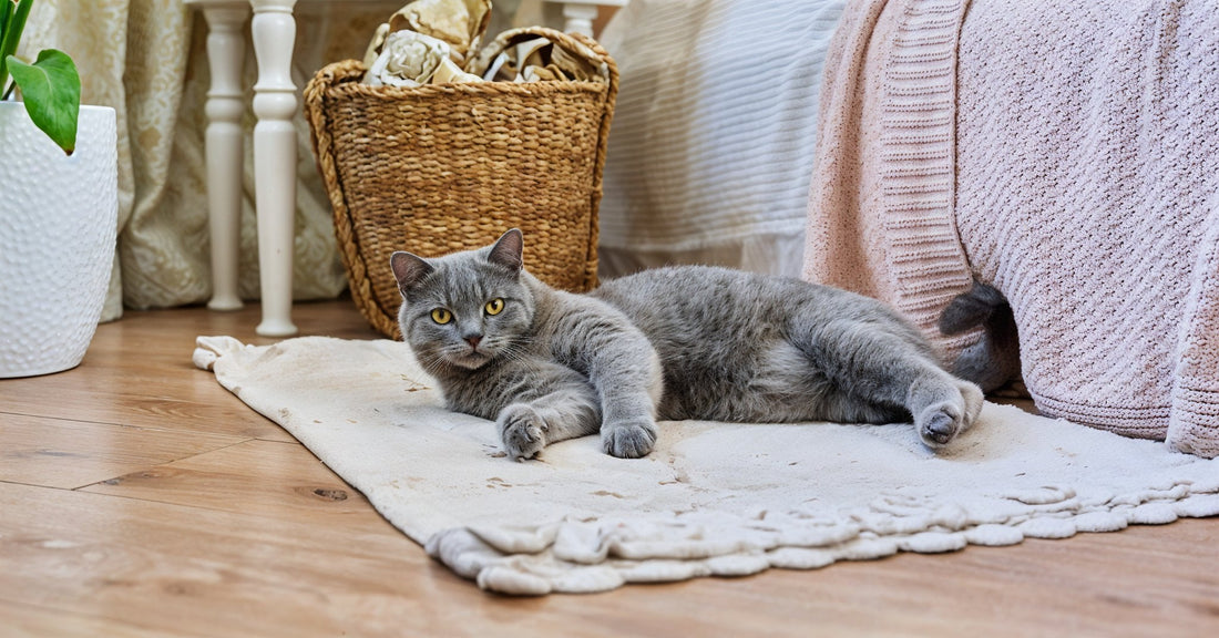 A gray British Shorthair cat with bright yellow eyes lies relaxed on a cream-colored rug in a cozy bedroom with wood flooring, near a wicker basket and a pink knit blanket on the bed.