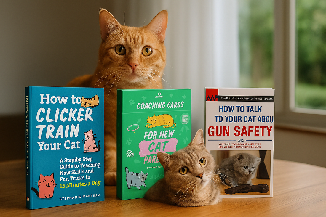 Two cats—a standing orange tabby and a reclining beige British Shorthair—are positioned beside three cat-themed books on a wooden table with soft daylight from a window behind them.