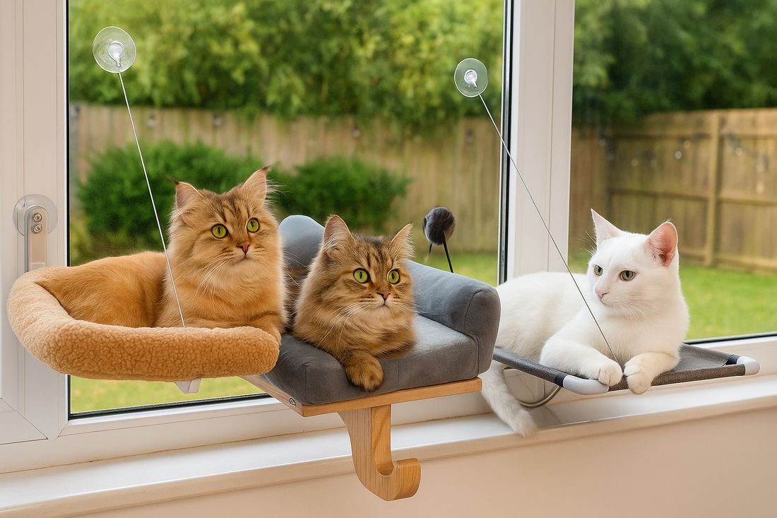 Three cats—a Somali, a Persian mix, and a white Domestic Shorthair—relax on separate window perches, enjoying the view of a green backyard through a sunny window.