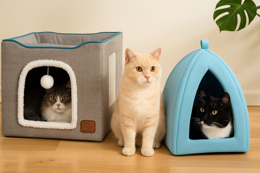 A cream-colored British Shorthair cat sits between a gray cube cat bed and a blue dome cat tent, with two other cats inside the shelters on a wooden floor