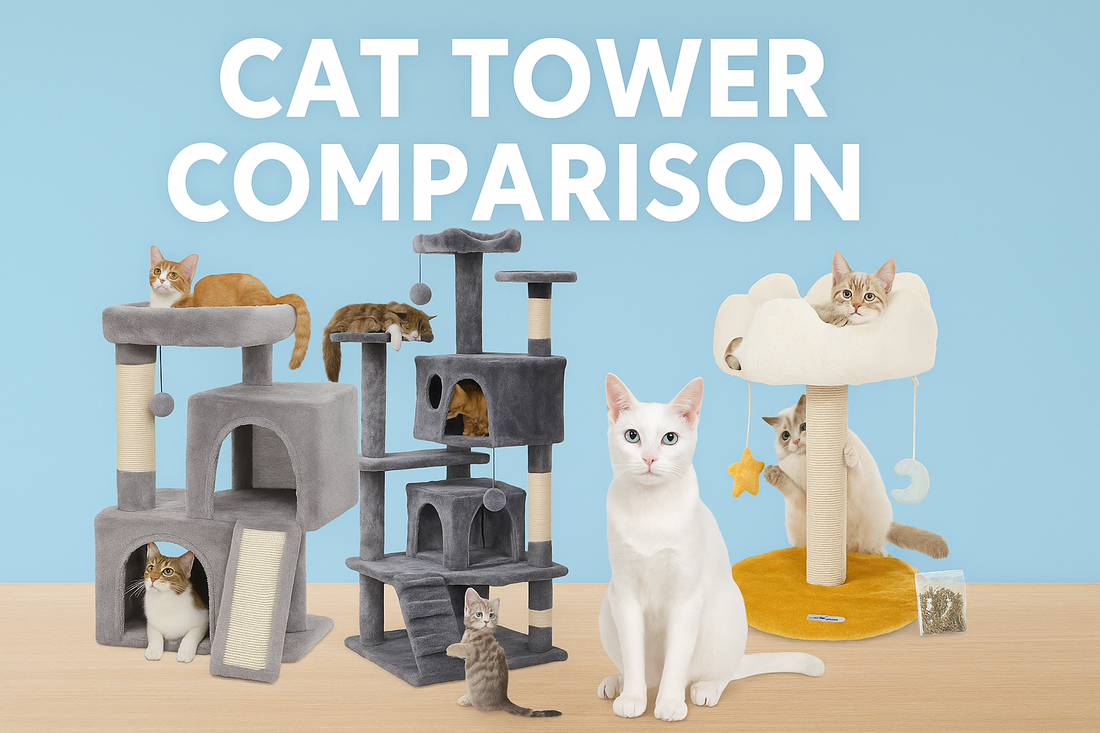 Three cat towers with various designs and cats perched or playing on them, set on a light wooden floor with a white Khao Manee cat in front and the title "Cat Tower Comparison" on a light blue background.