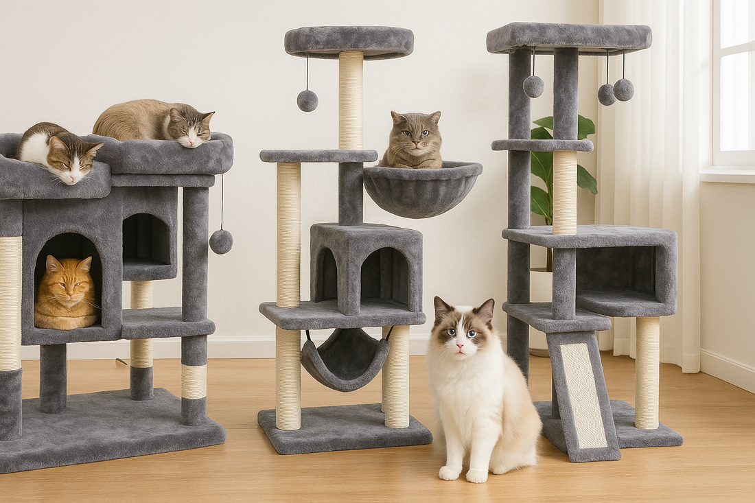 "Three gray cat trees set in a bright room, each with resting cats, and a photo-realistic Ragdoll cat sitting on the hardwood floor in front."