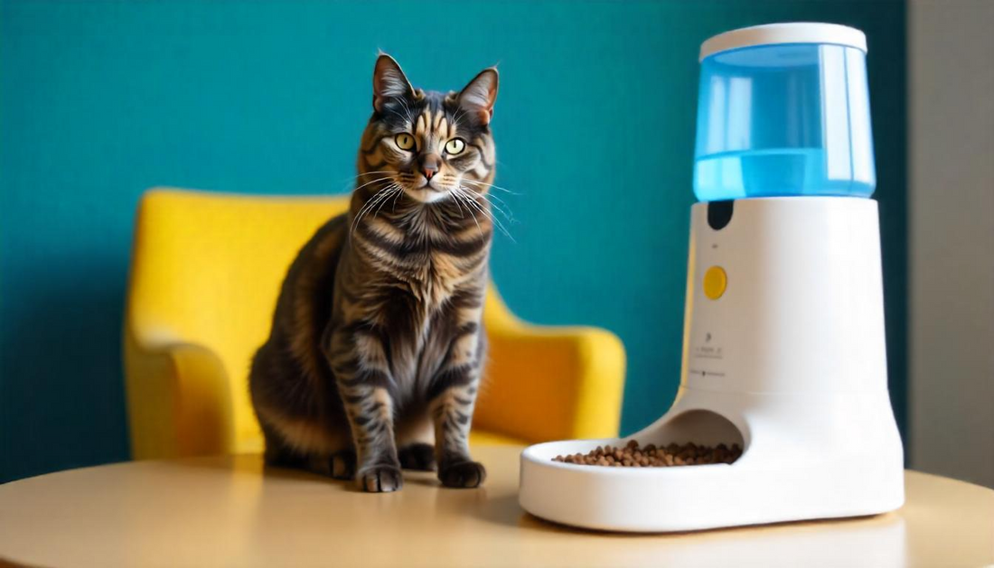 A tortoiseshell cat sitting on a chair next to a yellow automatic feeder, a yellow chair and a blue wall in the background