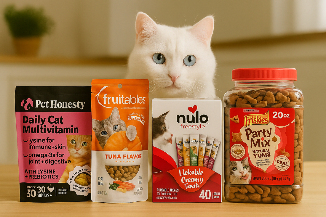White cat behind assorted cat food and treat packages.
