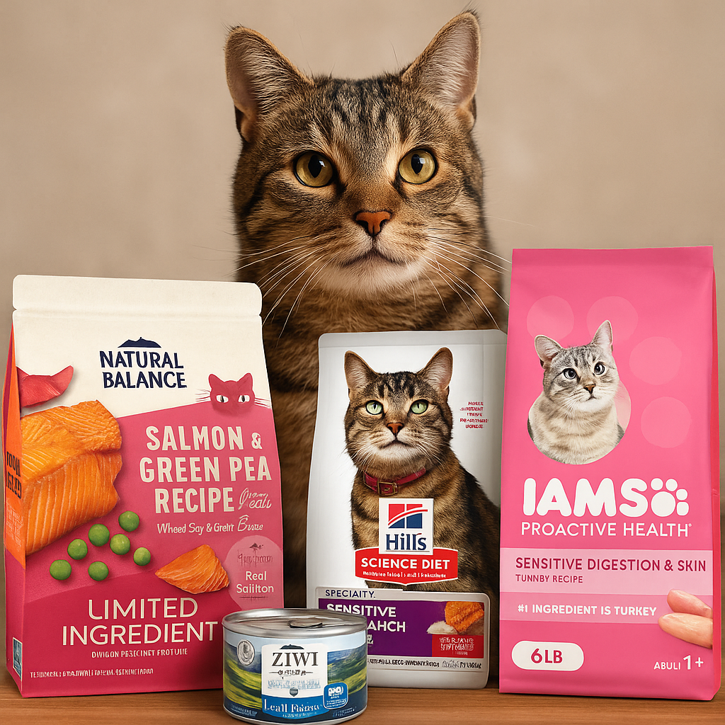 Brown tabby cat behind various cat food products on a wooden surface.