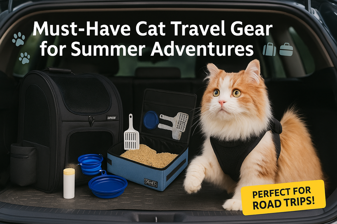 A Ragamuffin cat in a harness sits beside cat travel gear in a car trunk under the title "Must-Have Cat Travel Gear for Summer Adventures.