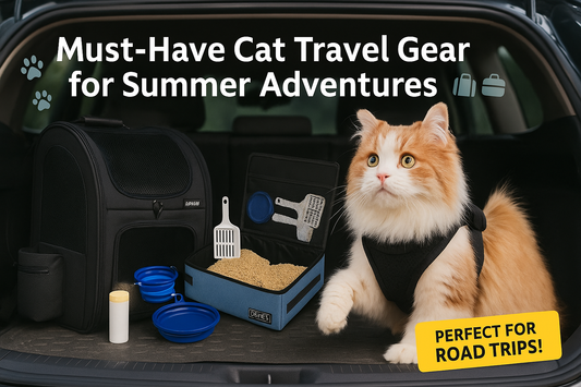 A Ragamuffin cat in a harness sits beside cat travel gear in a car trunk under the title "Must-Have Cat Travel Gear for Summer Adventures.