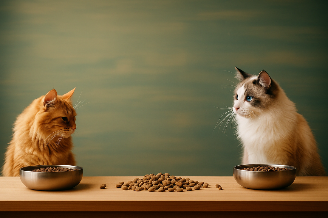 Two cats facing each other across a table with food bowls—an orange tabby on the left and a white Ragdoll with blue eyes on the right, with kibble scattered between them