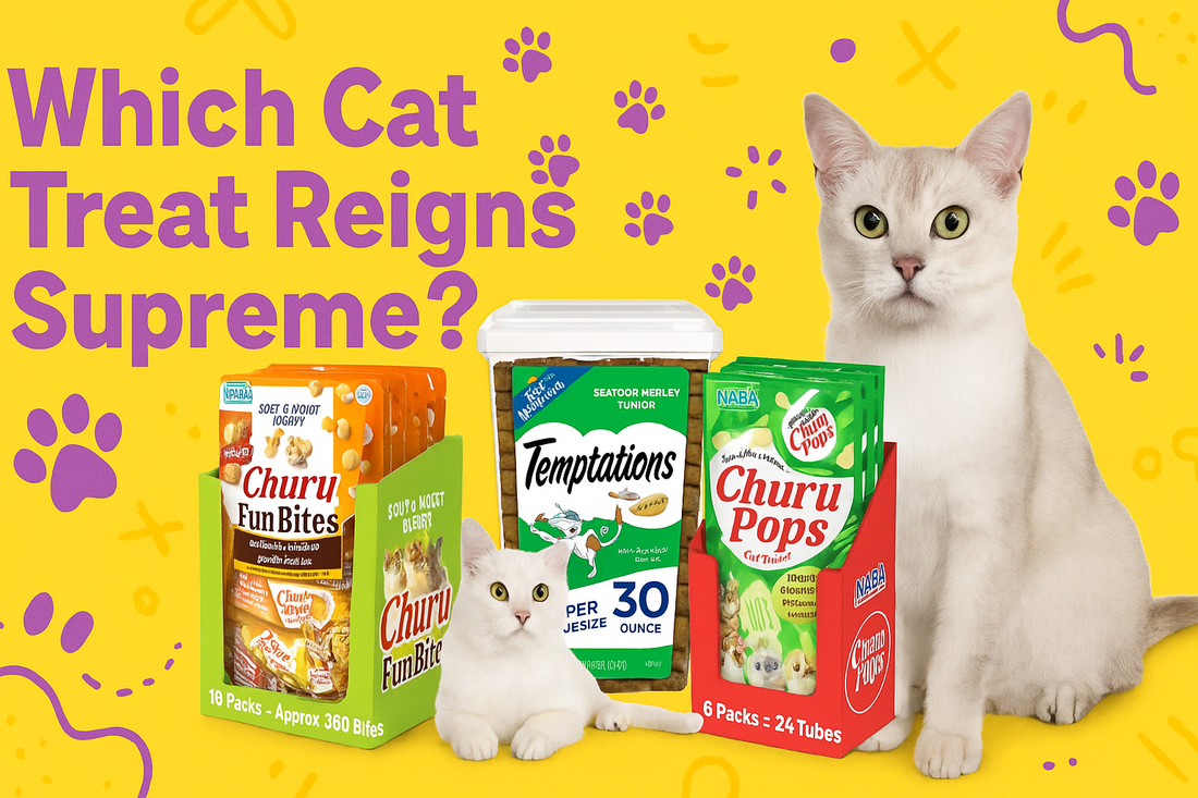 Three cat treats with a Burmilla cat on a fun yellow background titled “Which Cat Treat Reigns Supreme?