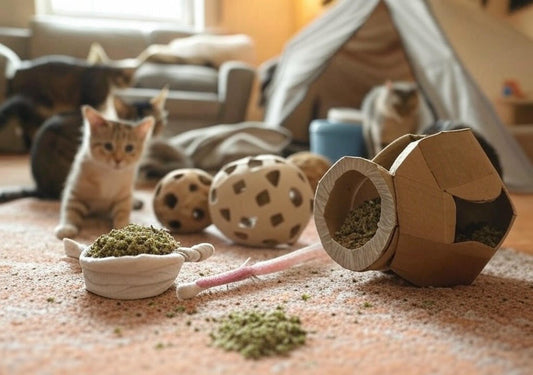 A kitten stands on a carpet surrounded by scattered catnip, a white bowl, and cat toys, including a cardboard scratcher and perforated balls, with other cats and a pet tent in the background.