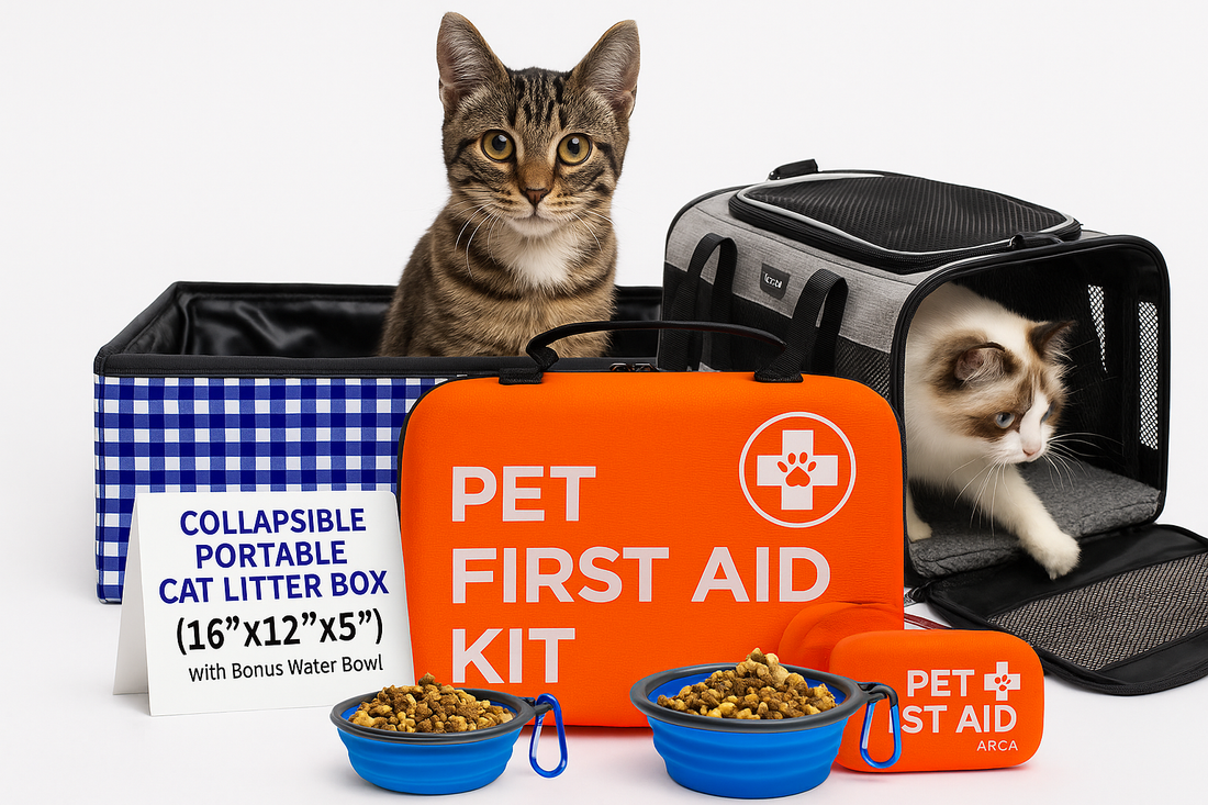 Tabby kitten sitting among pet emergency kit, food bowls, and supplies