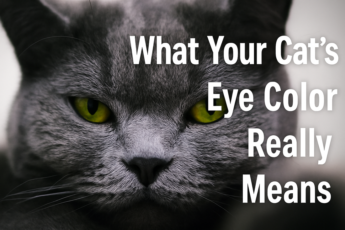 Close-up of a gray cat with intense yellow eyes and the overlaid title text "What Your Cat’s Eye Color Really Means" on the right side.