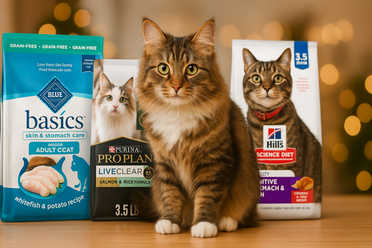 A photo-realistic brown tabby Siberian cat sits in front of three premium cat food bags for sensitive stomachs—Blue Basics, Purina Pro Plan, and Hill’s Science Diet—on a cozy, warmly lit background