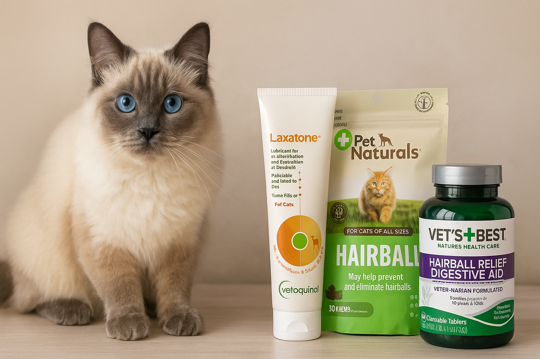 Alt text: A blue-eyed Siamese cat sits on the left side of a table next to three hairball remedy products—Laxatone gel, Pet Naturals chews, and Vet’s Best tablets—arranged clearly against a neutral background