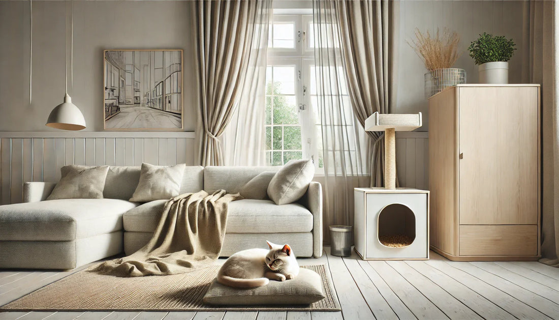 A minimalist living room with a cat sleeping on a cushion by a sunlit window, featuring clean decor and hidden cat essentials.