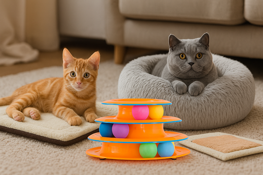 An orange tabby kitten lounges on a mat beside a gray British Shorthair cat nestled in a plush bed, with a vibrant ball track toy placed between them in a softly lit living room