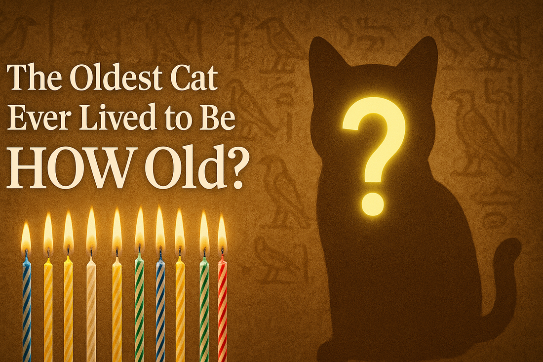 Silhouette of a cat with a glowing question mark, lit birthday candles, and ancient symbols in the background.