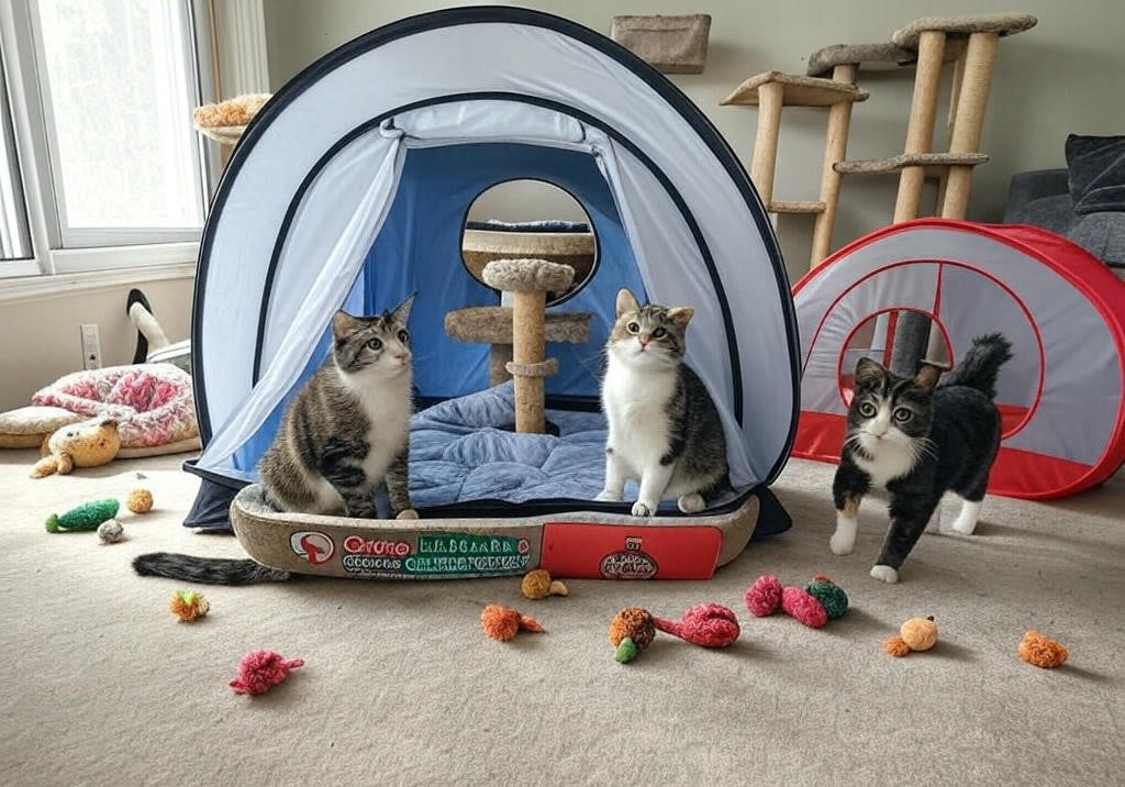 Three playful cats in a cozy indoor play area with a blue pop-up tent, scratching post, toys, and a red tunnel.