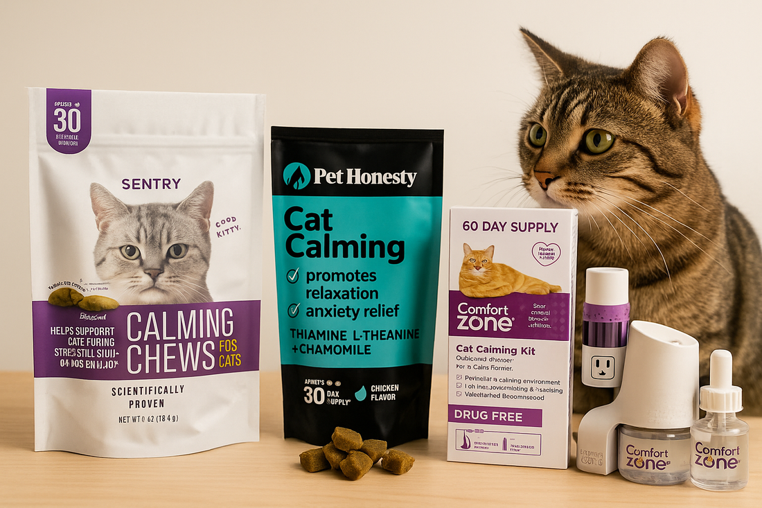 Tabby cat next to various cat treats and supplements on wooden table