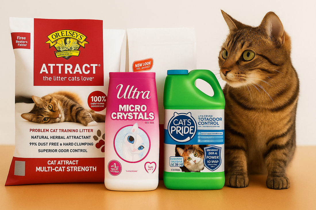 Brown cat sitting next to assorted cat food and litter products on table.