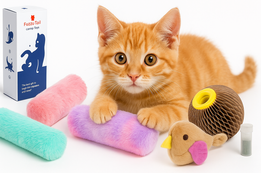 A high-resolution photograph features an orange tabby kitten surrounded by colorful catnip toys, including plush rolls, a honeycomb ball, and a soft bird toy, against a white background.