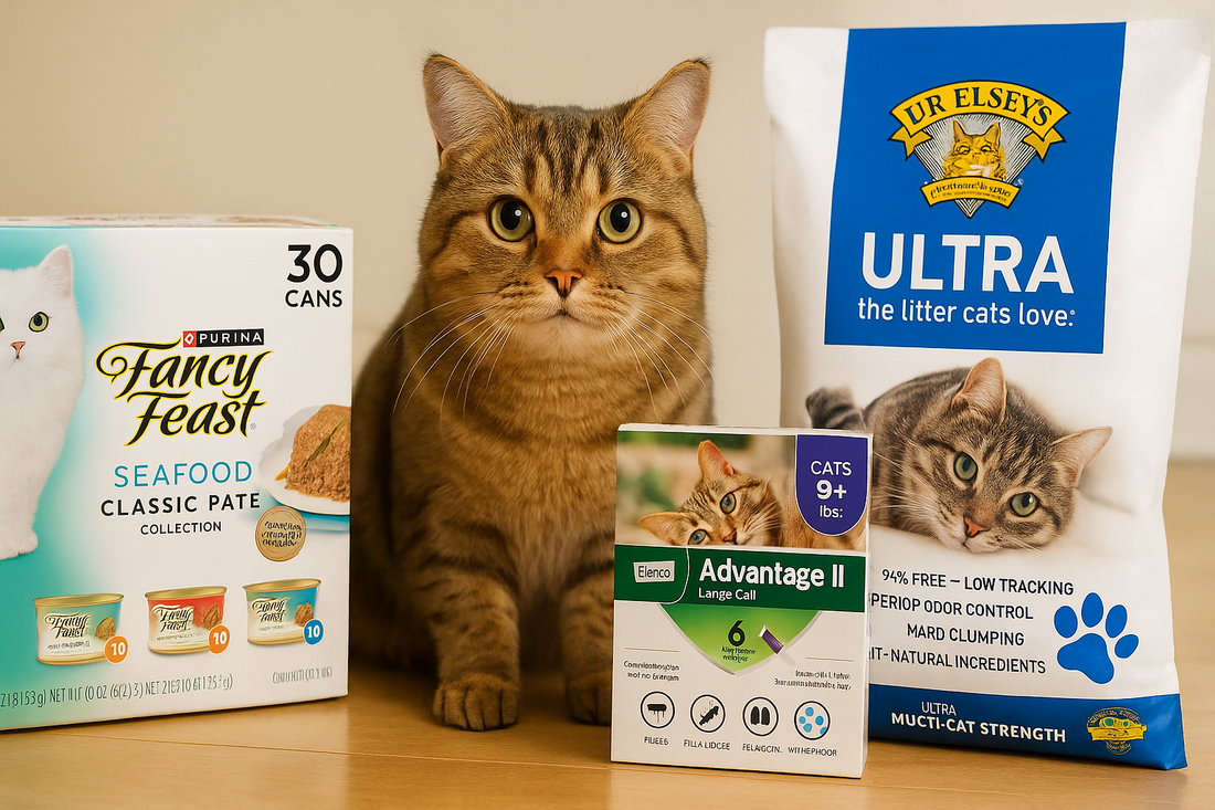 "A brown tabby cat sits between three popular cat products—Fancy Feast seafood paté, Advantage II flea treatment, and Dr. Elsey’s Ultra cat litter—displayed on a hardwood floor."
