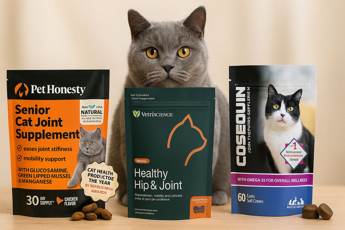 A British Shorthair cat with golden eyes sits behind three full-sized joint supplements—Pet Honesty, VetriScience, and Cosequin—prominently displayed on a table with clear product labels for cat joint health