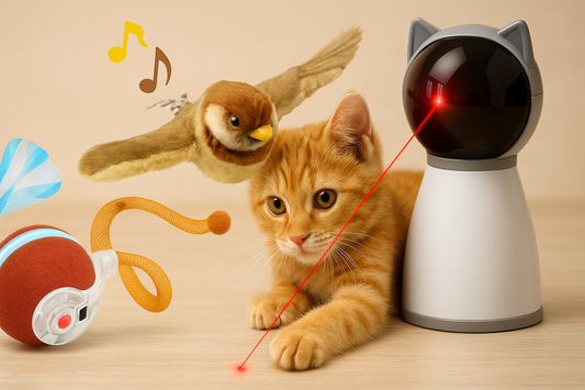 A ginger kitten plays with a laser pointer, a plush bird toy, and a feather spinner on a wooden floor.