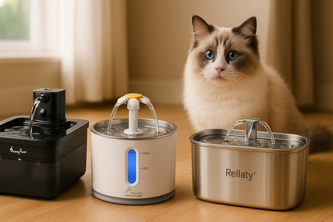 A Ragdoll cat sits beside three different water fountains—black, white with a flower spout, and stainless steel—on a wooden floor in a softly lit room.