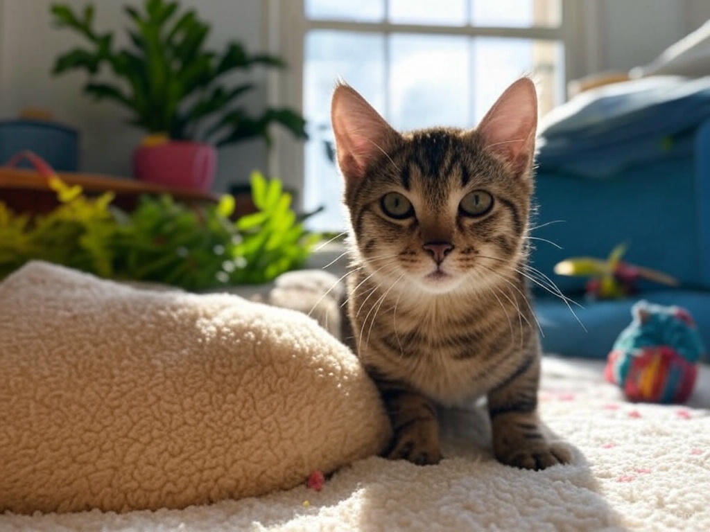 A tabby cat sits on a beige rug in a cozy apartment with pet-safe plants, secured windows, a blue sofa, and scattered colorful toys, including a yarn ball.