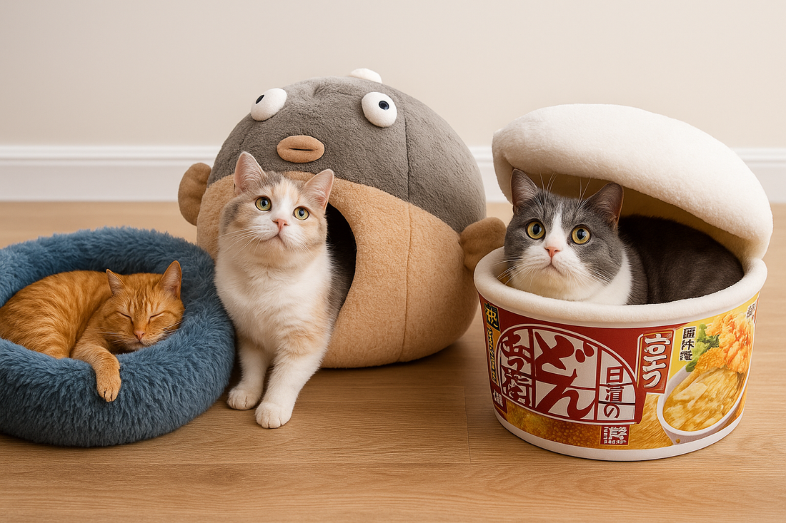 Three cats—an American Shorthair, a Ragdoll, and a Scottish Fold—rest in cozy, plush pet beds shaped like a doughnut, a fish, and a ramen bowl.