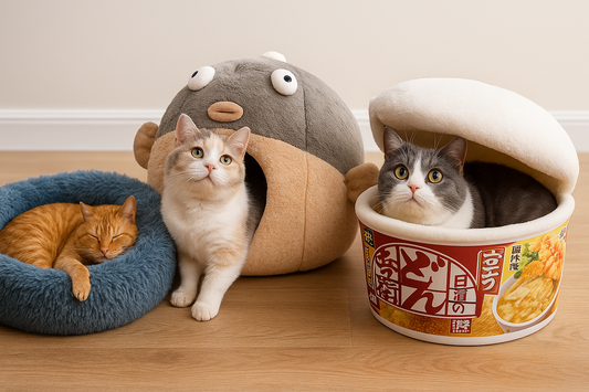 Three cats—an American Shorthair, a Ragdoll, and a Scottish Fold—rest in cozy, plush pet beds shaped like a doughnut, a fish, and a ramen bowl.