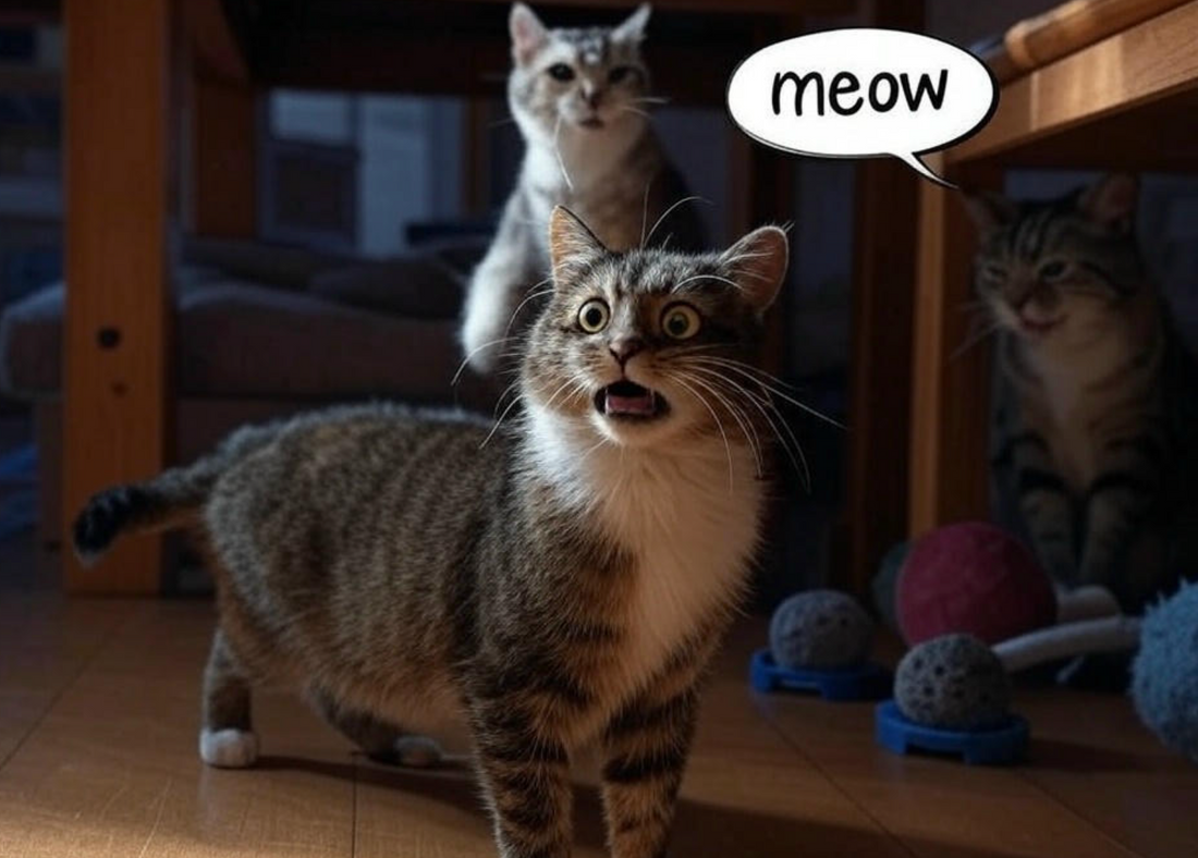 Tabby cat standing indoors at night with speech bubble saying ‘Meow!