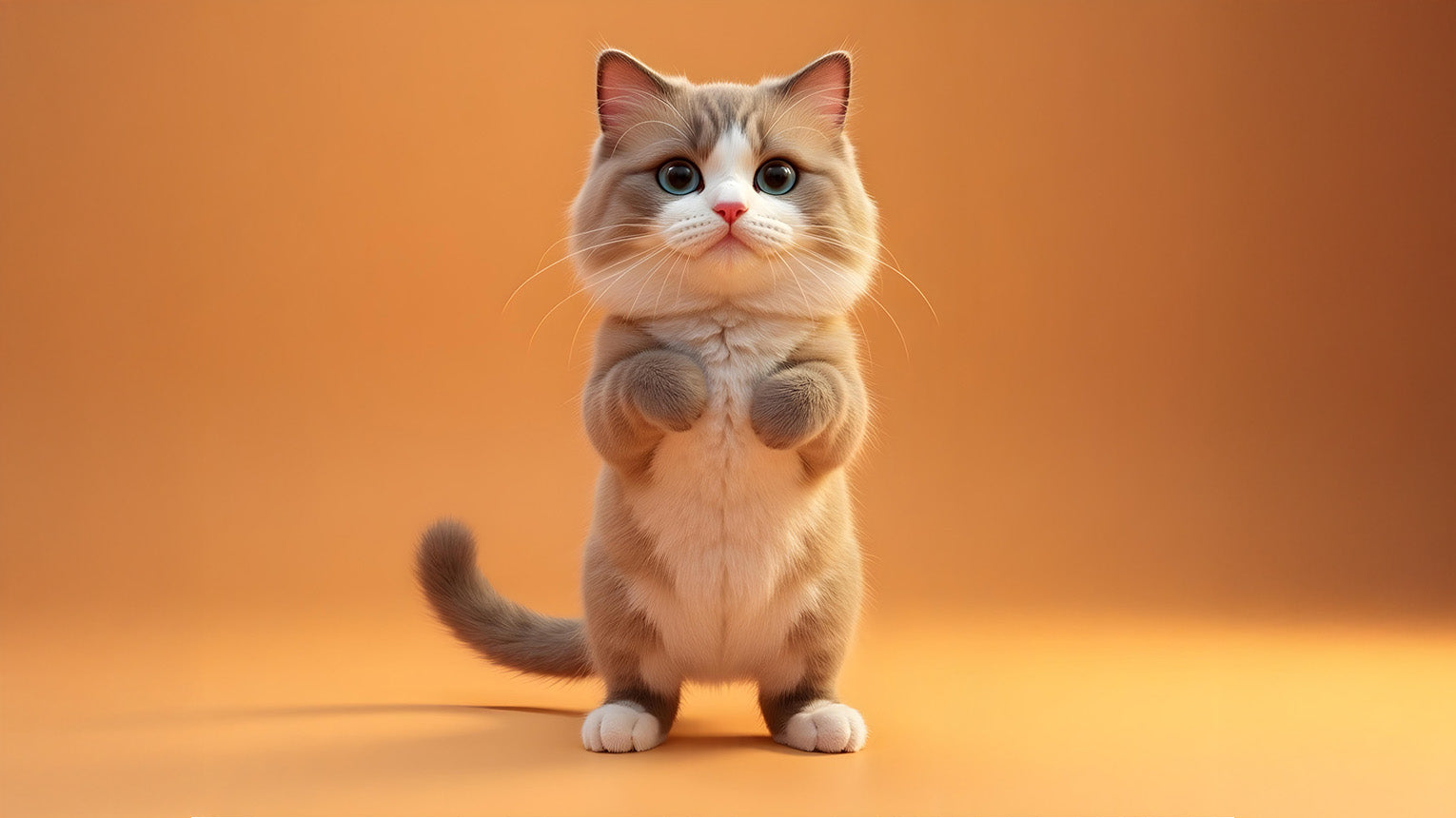 Image of a cat named Mochi standing in two legs facing front on a plain colored background