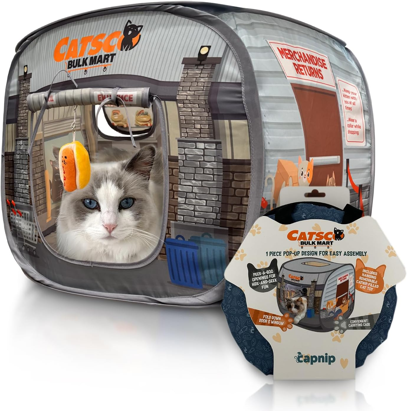 Cat inside Catsco Bulk Mart pop-up cardboard cat house with packaging shown.
